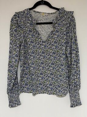 Boden Women’s Floral Notch Neck Smocked Frill Knit Shirt Size 4 NWOT